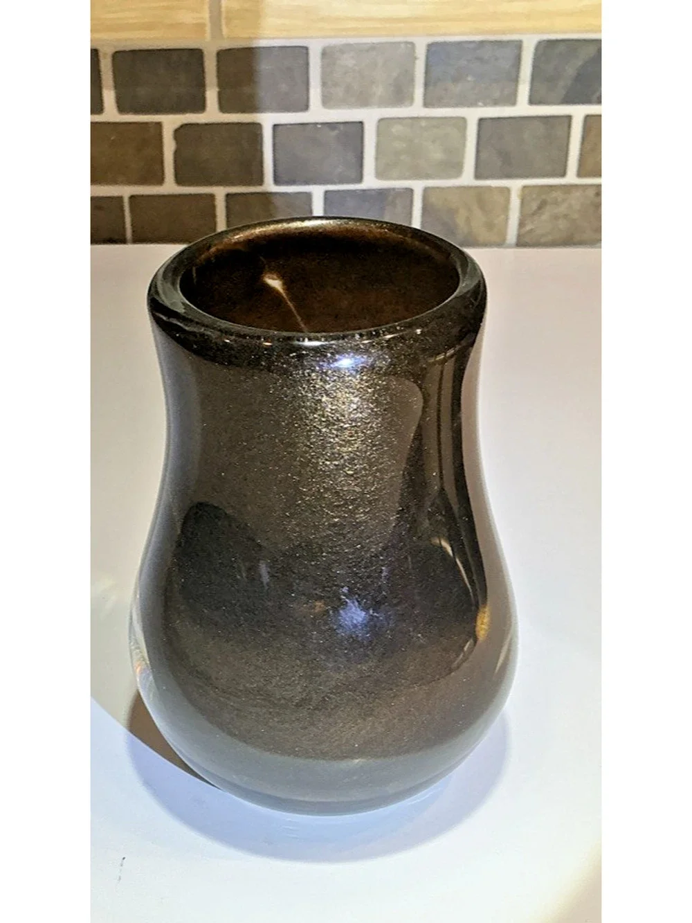 Hand Blown Art Glass Vase Amber Brown Gold Fleck Heavy Murano Style 6”